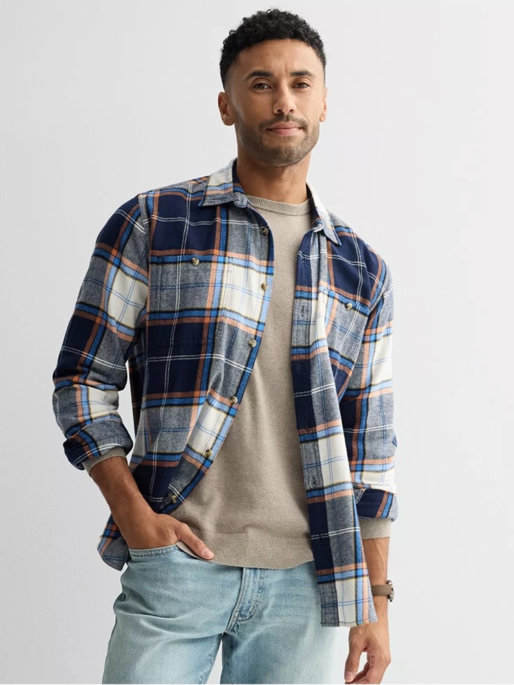 NWT Men's Flannel Shirt Size Small Plaid Navy Orange